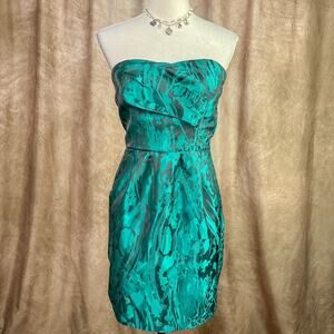 Vintage Y2K Strapless Party Dress Teal Satin Pleated Homecoming Formal Dance